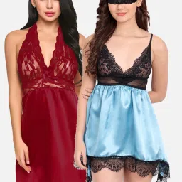 fims FIMS: Fashion is my Style Blue & Maroon Lace Work Babydoll With Thong image 1