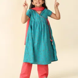 Fabindia Kids Blue & Coral Floral Print Kurta, Salwar with Dupatta image 1