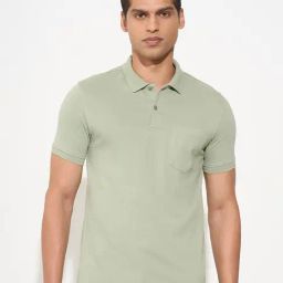 Peregrine By Pantaloons Birds Egg Green Cotton Slim Fit Polo T-Shirt-picture-3