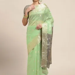 Satrani Pista Green Woven Saree With Unstitched Blouse image 1