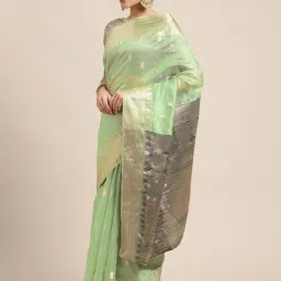 Satrani Pista Green Woven Saree With Unstitched Blouse image 3