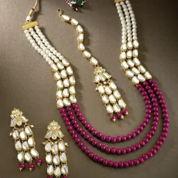 Peora Gold-Plated Kundan Beads Studded Long Necklace with Earring MaangTikka Jewellery Set-picture-46