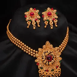 aadita Gold-Plated Green & Pink Stone-Studded Jewellery Set-image-1