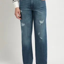 The Bear House Mid Blue Cotton Straight Fit Distressed Jeans-picture-27