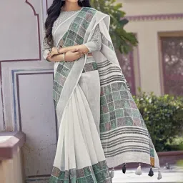 Satrani White & Grey Floral Print Saree With Unstitched Blouse image 1