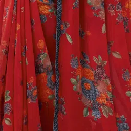 Satrani Maroon Floral Print Saree With Unstitched Blouse image 5