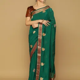 Satrani Green Embroidered Saree With Unstitched Blouse image 1