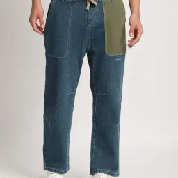 The Bear House Blue Cotton Straight Fit Colour Block Jeans-picture-17
