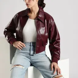 Calvin Klein Jeans Women Spread Collar Solid Leather Jacket image 3