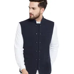 Hypernation Navy Sleeveless Cotton Solid Waistcoat-picture-19