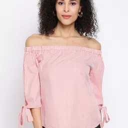Oxolloxo Women Red & White Striped Bardot Top-image-14