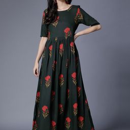 Vishudh Women Olive Green Printed Maxi Dress-picture-6