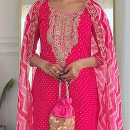 TWINS LADY Bandhani Printed Sequinned Straight Kurta with Trousers & Dupatta image 2