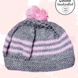 COCOON ORGANICS Handcrafted Soft And Warm Winter Striped Bobble Cap - Grey Melange-picture-22