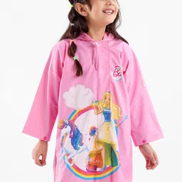 Babyhug Full Sleeves Hooded Barbie Graphics Raincoat - Pink-image-77