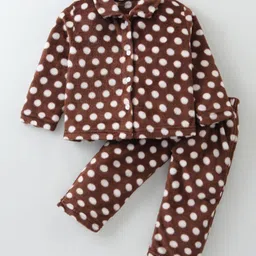 Kanvin Supersoft Extra Warm Velour Full Sleeves Winter Night Suit With Polka Dots Print - Dark Brown-picture-12