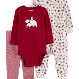 Carter's Full Sleeves Baby Red Floral & Bear 3-Piece Sleep and Play Set - Red-picture-0