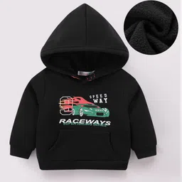 Kookie Kids Full Sleeves Hooded Sweatshirt With Cars Print & Kangaroo Pockets - Black-image-69