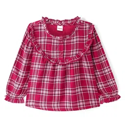 Babyhug Rayon Knit Full Sleeves Top with Frill Detailing & Check  Print - Red-picture-16