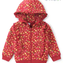 Babyoye 100% Cotton Full Sleeves Hooded SweatJacket with Frill Detailing & Floral Print - Dark Red-image-87