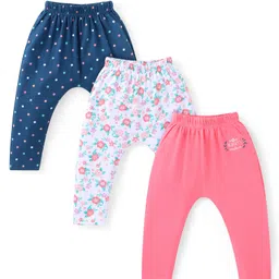 Babyhug Cotton Knit Full Length Diaper Leggings With Floral & Polka Dots Print Pack Of 3 - Pink White & Navy-picture-27