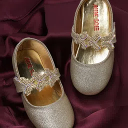 Mine Sole Bow Applique Detailed Shimmered & Stones Embellished Mary Jane Ballerinas With Velcro Closure - Gold-picture-23