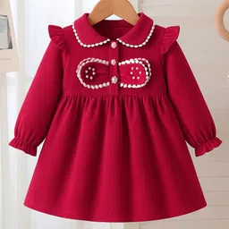 Mark & Mia Full Sleeves Peter Pan Collar Frock With Frill & Pearl Detailing -Red-picture-22