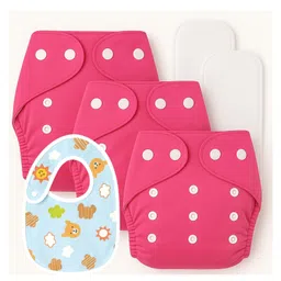 Sparkle Joy Free Size Reusable Cloth Diaper With Insert Pad 3 Pcs Diaper With 2 Pcs Insert 1 Pcs Feeding Bib- Pink-picture-25