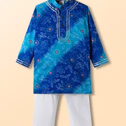 Teentaare Cotton Woven Full Sleeves Kurta Pajama Set with Motif Print & Lace Detailing - Navy Blue-picture-13