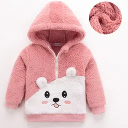Mark & Mia Full Sleeves Fur Hooded Sweatshirt With Animal Embroidery - Pink image 1