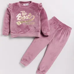 M'andy VVelvet Knit Full Sleeves The Best Never Rest Text Foil Printed Winter Sweatshirt & Joggers Set - Peach-picture-16