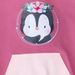 BUMZEE Fleece Knit Full Sleeves Penguin Printed Hooded Sweatshirt With Kangaroo Pockets - Mauve & Pink image 3