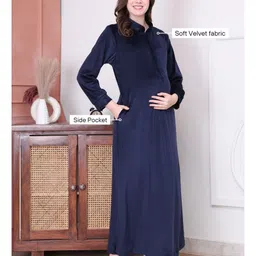Secret Wish Velvet Woven Full Sleeves Solid Maternity Nighty With Centre Front Access - Navy Blue image 4