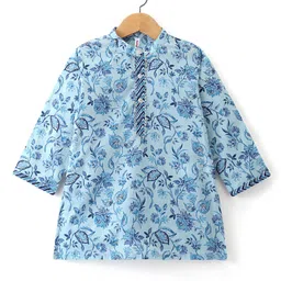 Babyhug Cotton Woven Full Sleeves Floral Printed Kurta Pyjama Set- Blue image 4