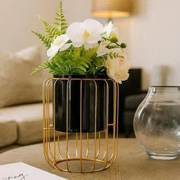 MARKET99 Black & Yellow Textured Metal Planter With Wire Stand-picture-19