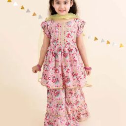 Pspeaches Girls Pink Cotton Regular Fit Floral Print Kurta Set-picture-0
