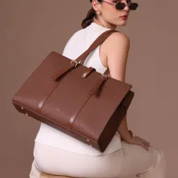 Kazo Brown Eline Textured Large Leather Laptop Bag-image-0