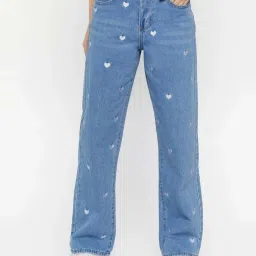 Forever 21 Blue Cotton Embroidered Mid Rise Jeans image 1