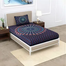 ABHACLOTHO Blue 144 TC Single Bedsheet with 1 Pillow Covers-image-22