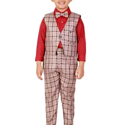 Pro-Ethic Style Developer Kids Red & Dusty Pink Checks Full Sleeves Shirt, Waistcoat, Pants with Bow image 1