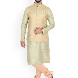 Manyavar Men Green & Peach-Coloured Self Design Kurta with Churidar & Nehru Jacket-picture-37