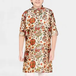 Cavio Kids Cream & White Cotton Floral Print Full Sleeves Kurta Set image 1