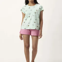 Dreamz by Pantaloons Sage Green Pink Cotton Graphic Print T-Shirt Shorts Set image 1