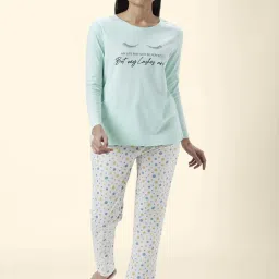 Dreamz by Pantaloons Sage Green White Cotton Printed T-Shirt Pyjama Set image 1