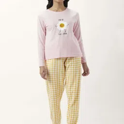 Dreamz by Pantaloons Pink Yellow Cotton Printed T-Shirt Pyjama Set image 1