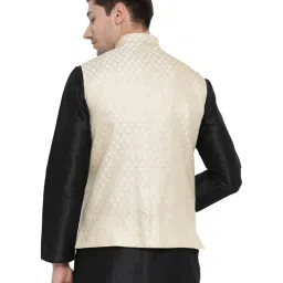 VASTRAMAY Beige Straight Fit Self Pattern Nehru Jacket image 2