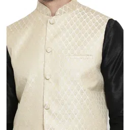 VASTRAMAY Beige Straight Fit Self Pattern Nehru Jacket image 4