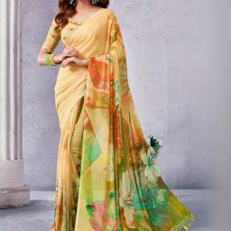 Satrani Yellow Printed Saree With Unstitched Blouse-picture-23