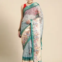 Silk Land Teal Silk Floral Print Saree With Blouse-picture-27