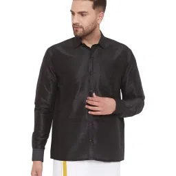 VASTRAMAY Black Straight Fit Self Pattern Ethnic Shirt image 1